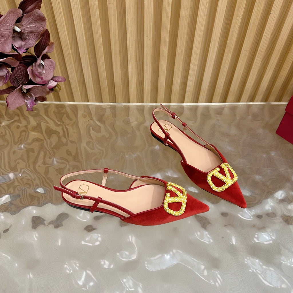 VALENTINO 25S FLAT SLINGBACKS IN RED VELVET WITH GOLD HARDWARE