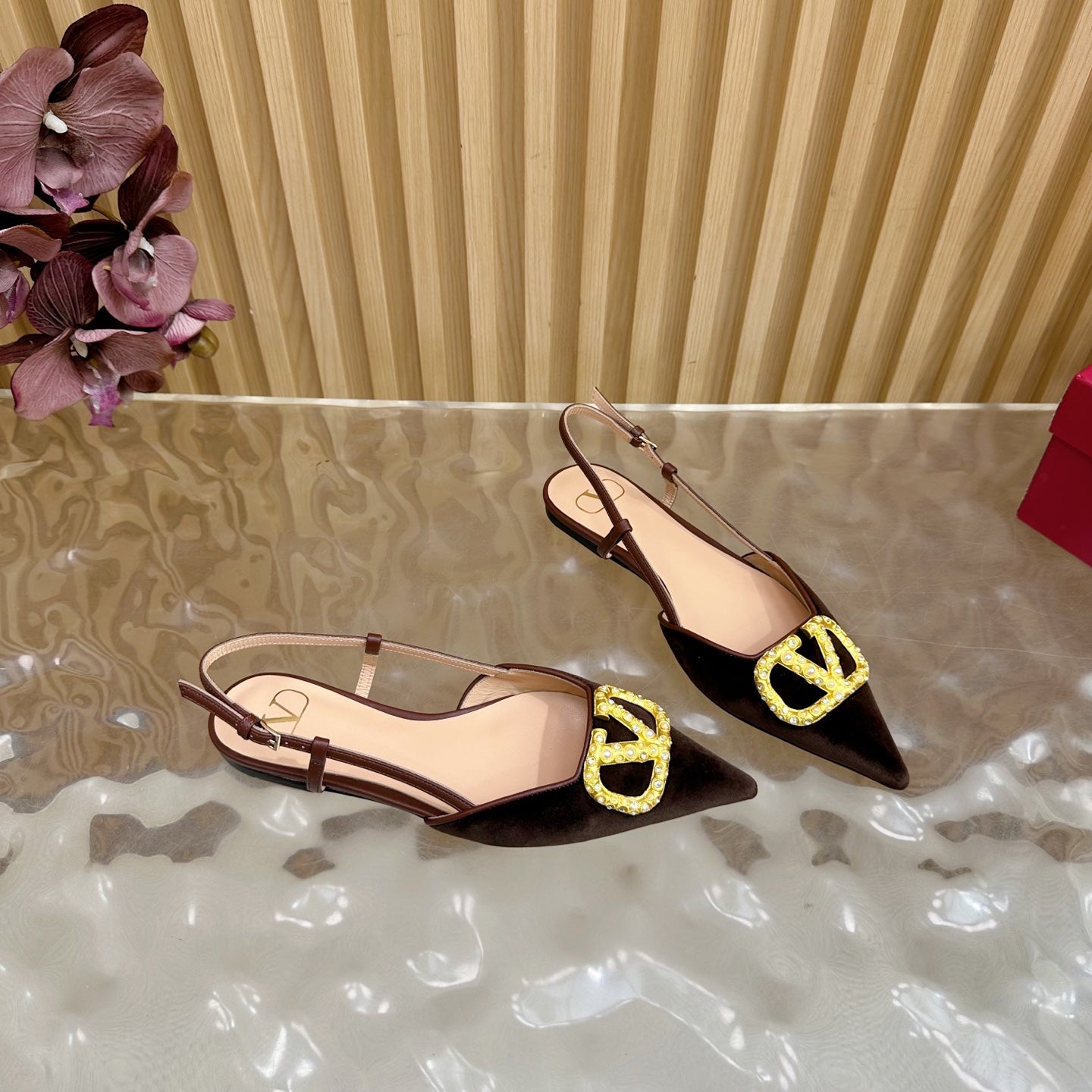 VALENTINO 25S FLAT SLINGBACKS IN DARK BROWN VELVET WITH GOLD HARDWARE