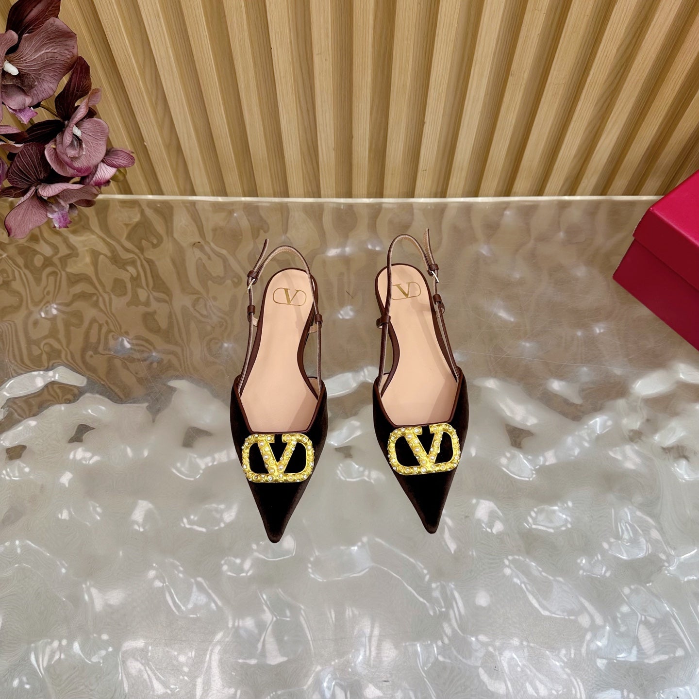VALENTINO 25S FLAT SLINGBACKS IN DARK BROWN VELVET WITH GOLD HARDWARE