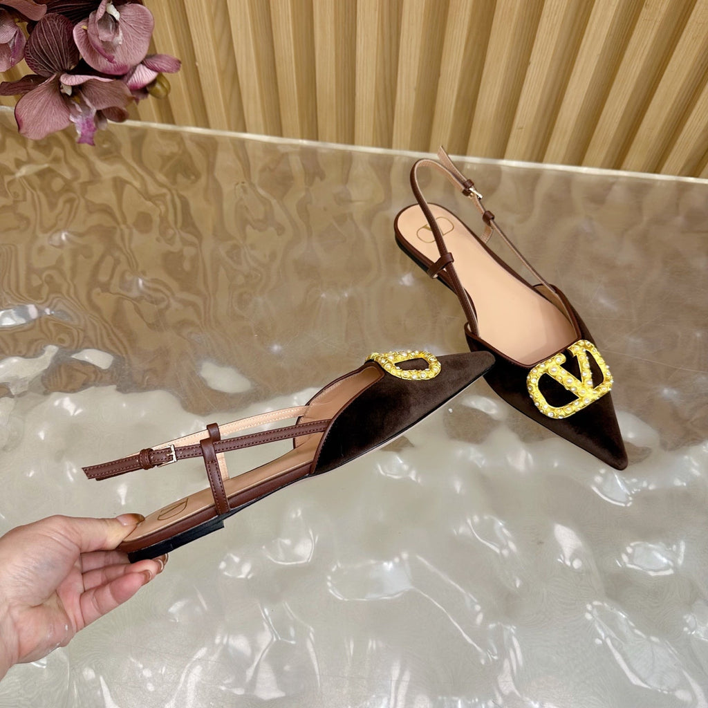 VALENTINO 25S FLAT SLINGBACKS IN DARK BROWN VELVET WITH GOLD HARDWARE