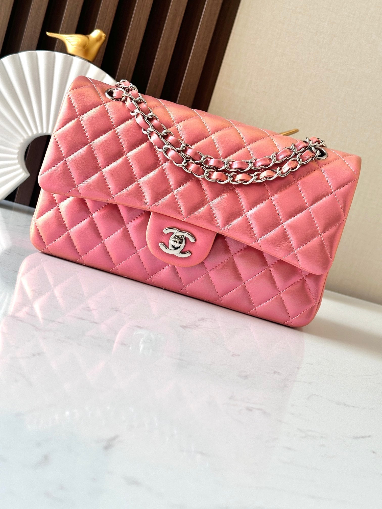 CHANEL 25S CLASSIC FLAP BAG 26 IN PEARL PINK LAMBSKIN WITH SILVER HARDWARE