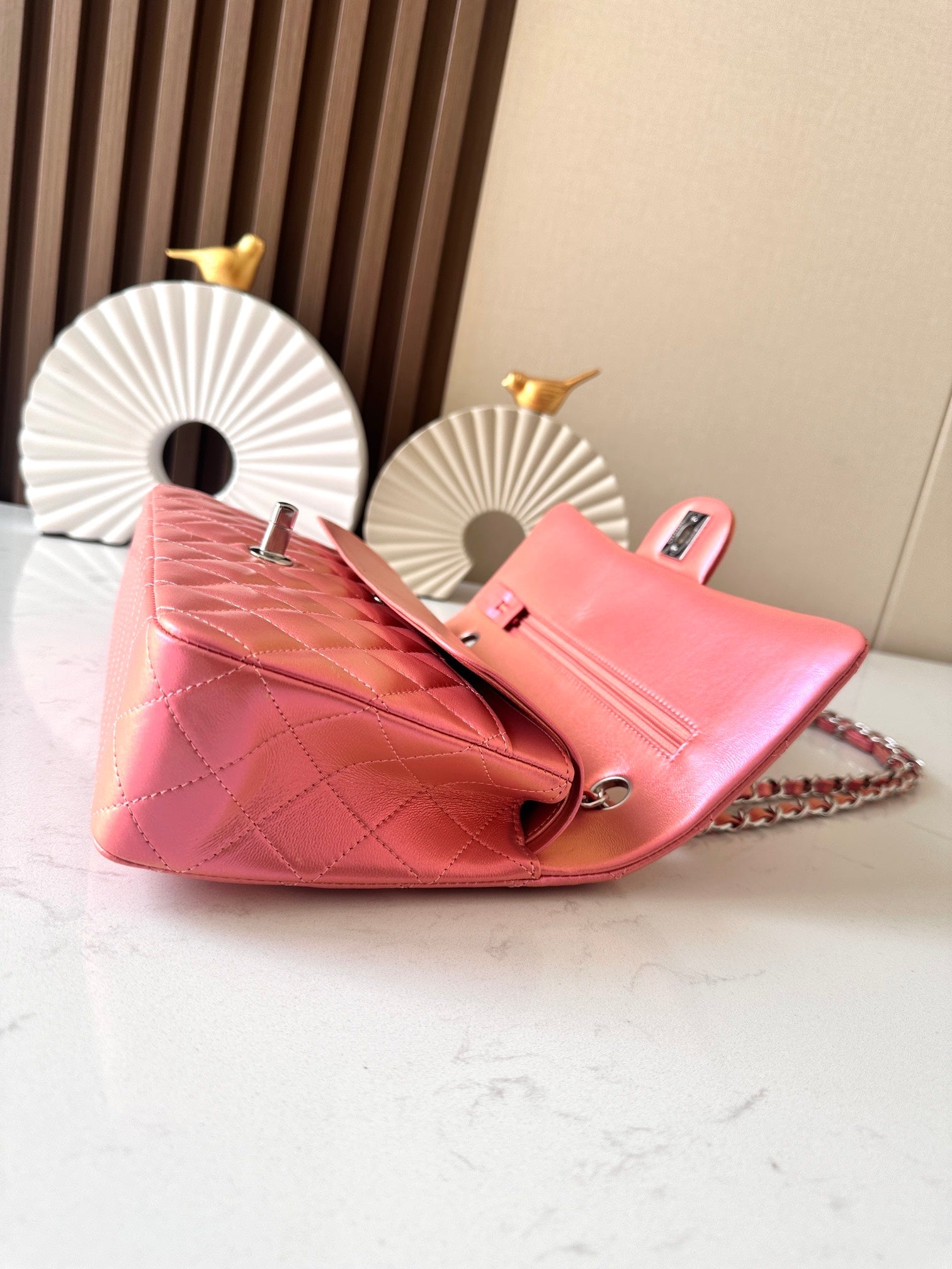 CHANEL 25S CLASSIC FLAP BAG 26 IN PEARL PINK LAMBSKIN WITH SILVER HARDWARE