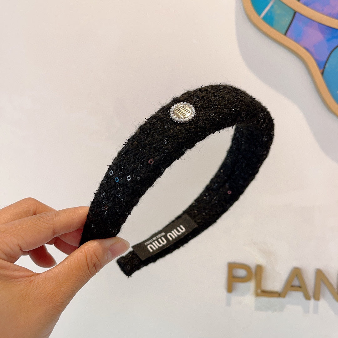 THICK HEADBAND IN BLACK TWEED EMBELLISHED SEQUINS 406047