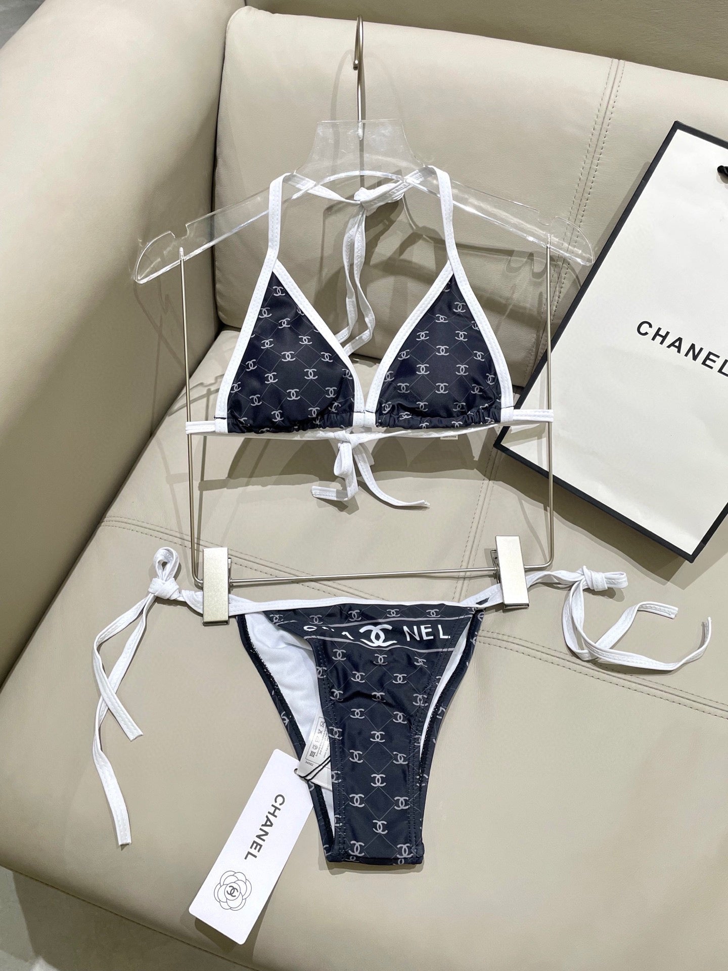 CC BIKINI SWIMSUIT SET IN BLACK AND WHITE TRIM WHITE LOGO PRINTED 608921