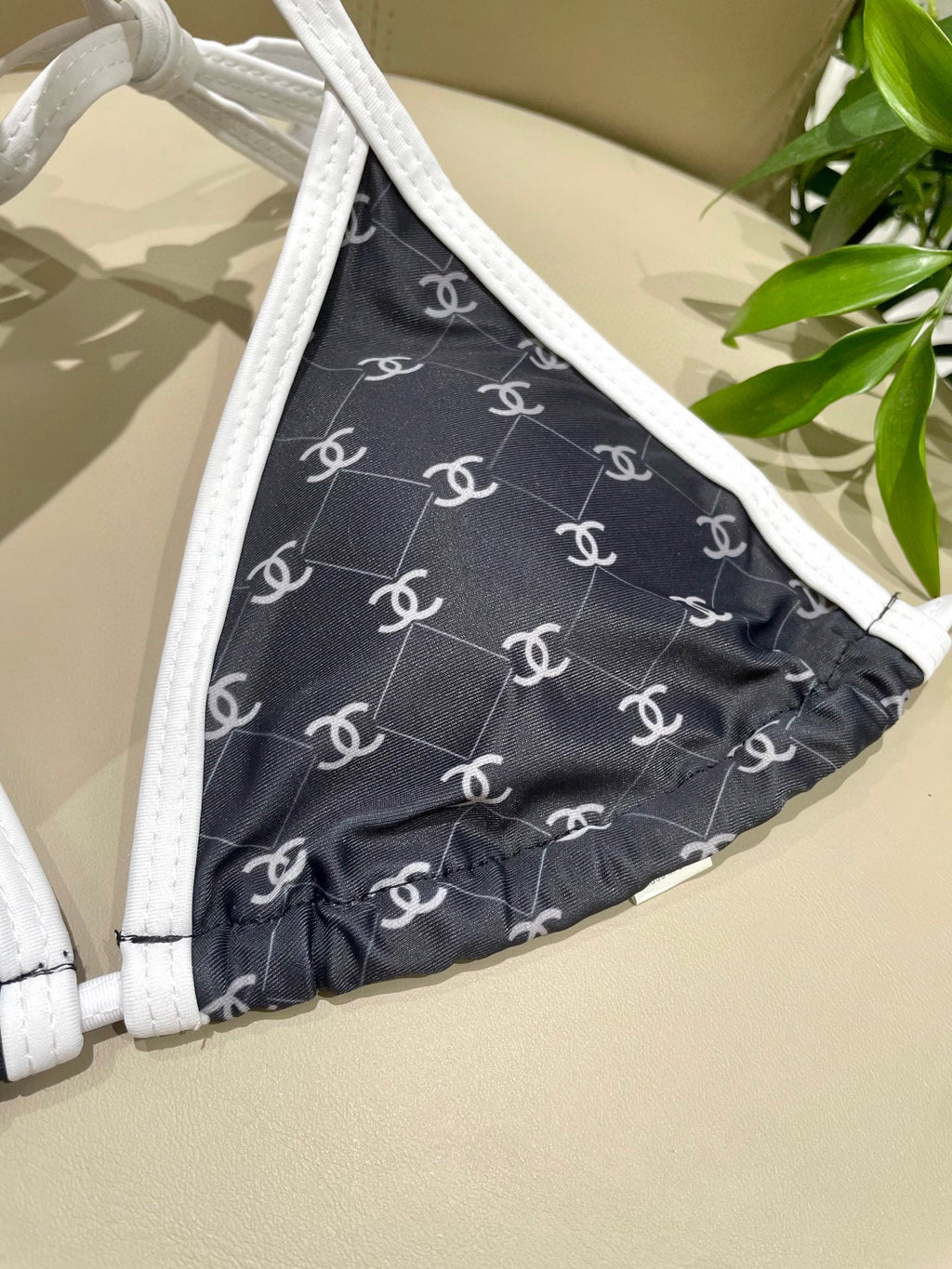 CC BIKINI SWIMSUIT SET IN BLACK AND WHITE TRIM WHITE LOGO PRINTED 608921