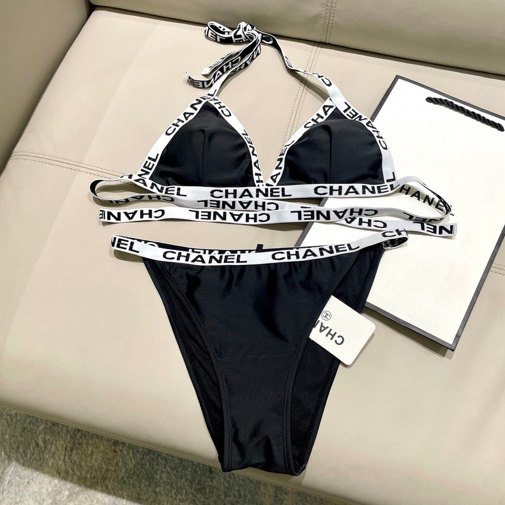 CC BIKINI SWIMSUIT SET IN BLACK WITH WHITE TRIM 627832