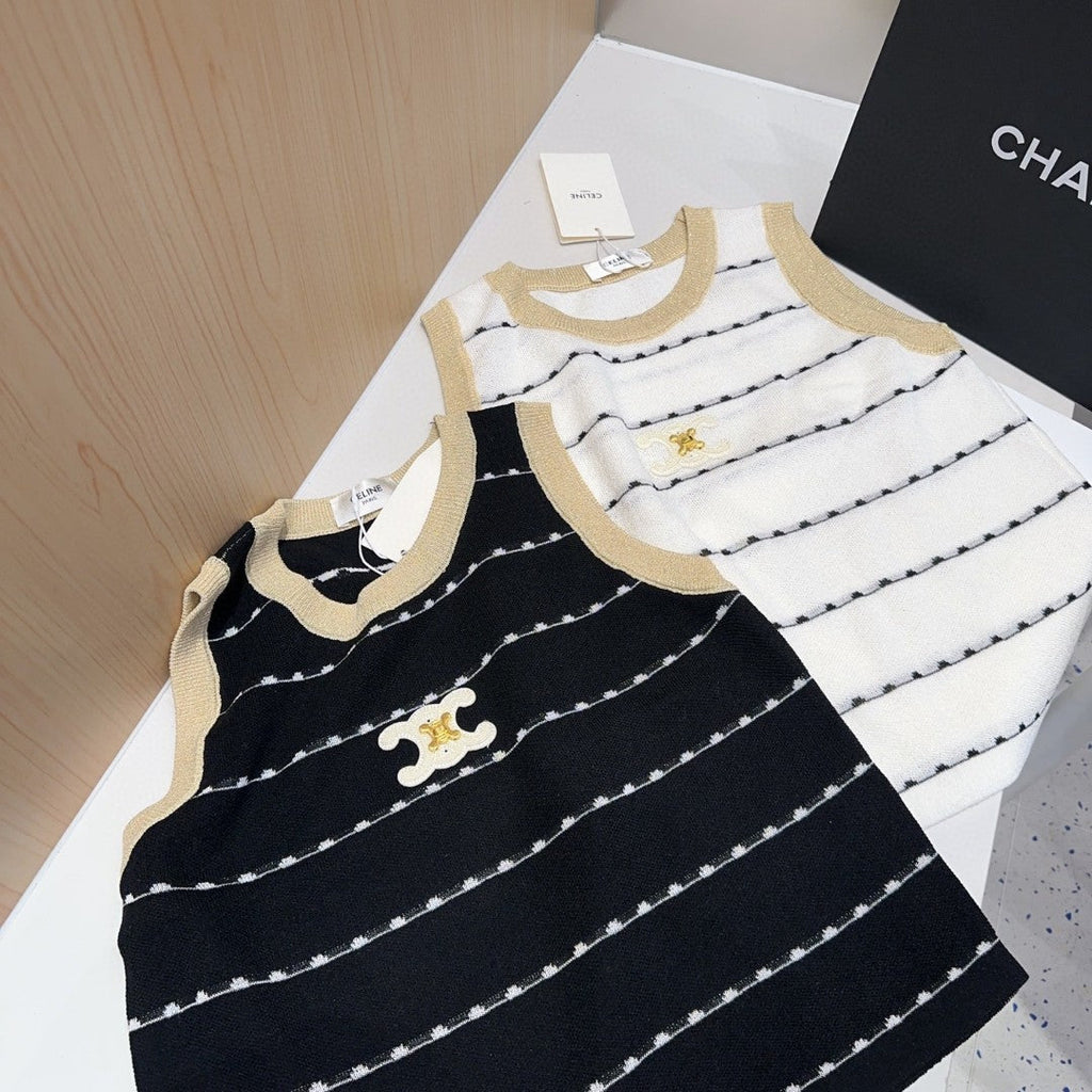 STRIPED TANK TOP 615178 IN WHITE COTTON RIBBED BEIGE TRIM