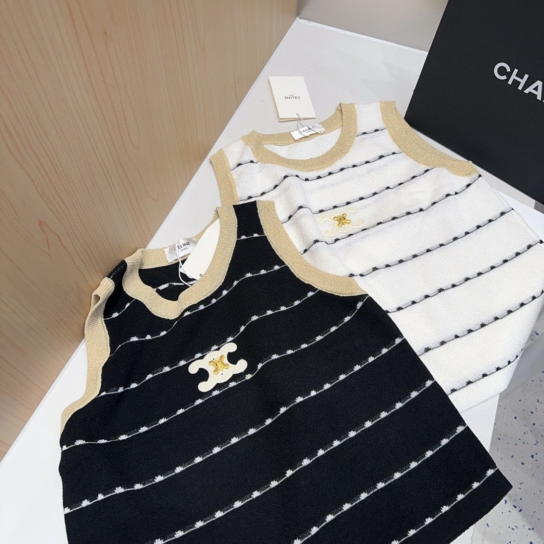 STRIPED TANK TOP 615178 IN WHITE COTTON RIBBED BEIGE TRIM