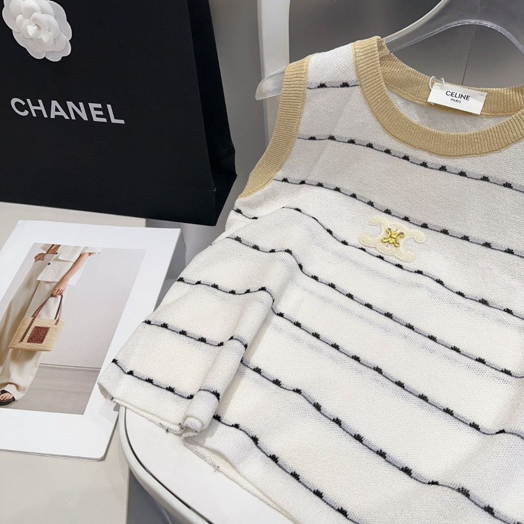 STRIPED TANK TOP 615178 IN WHITE COTTON RIBBED BEIGE TRIM