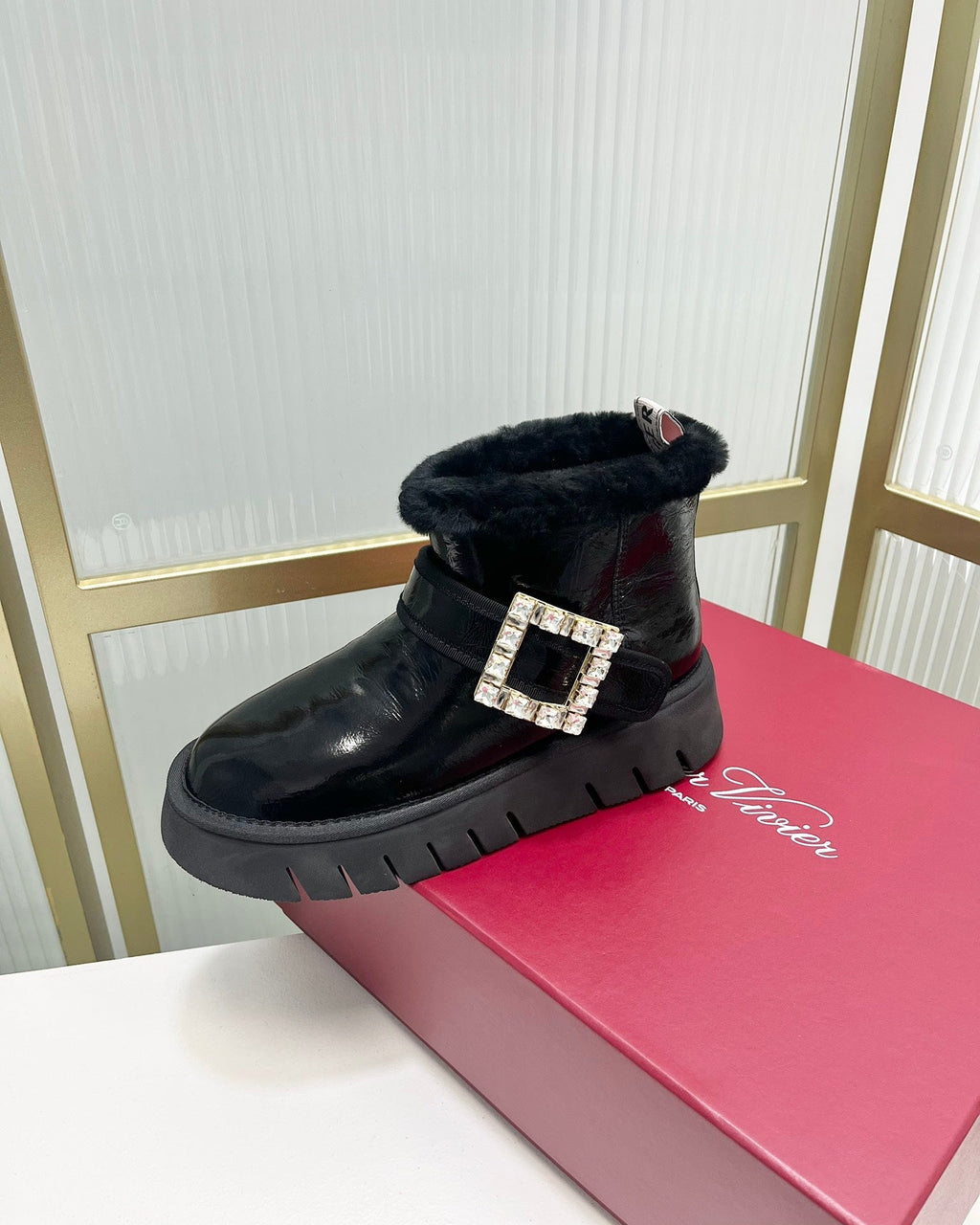 VIV’ WINTER FUR STRASS BUCKLE ANKLE BOOTS IN BLACK PATENT CALFSKIN