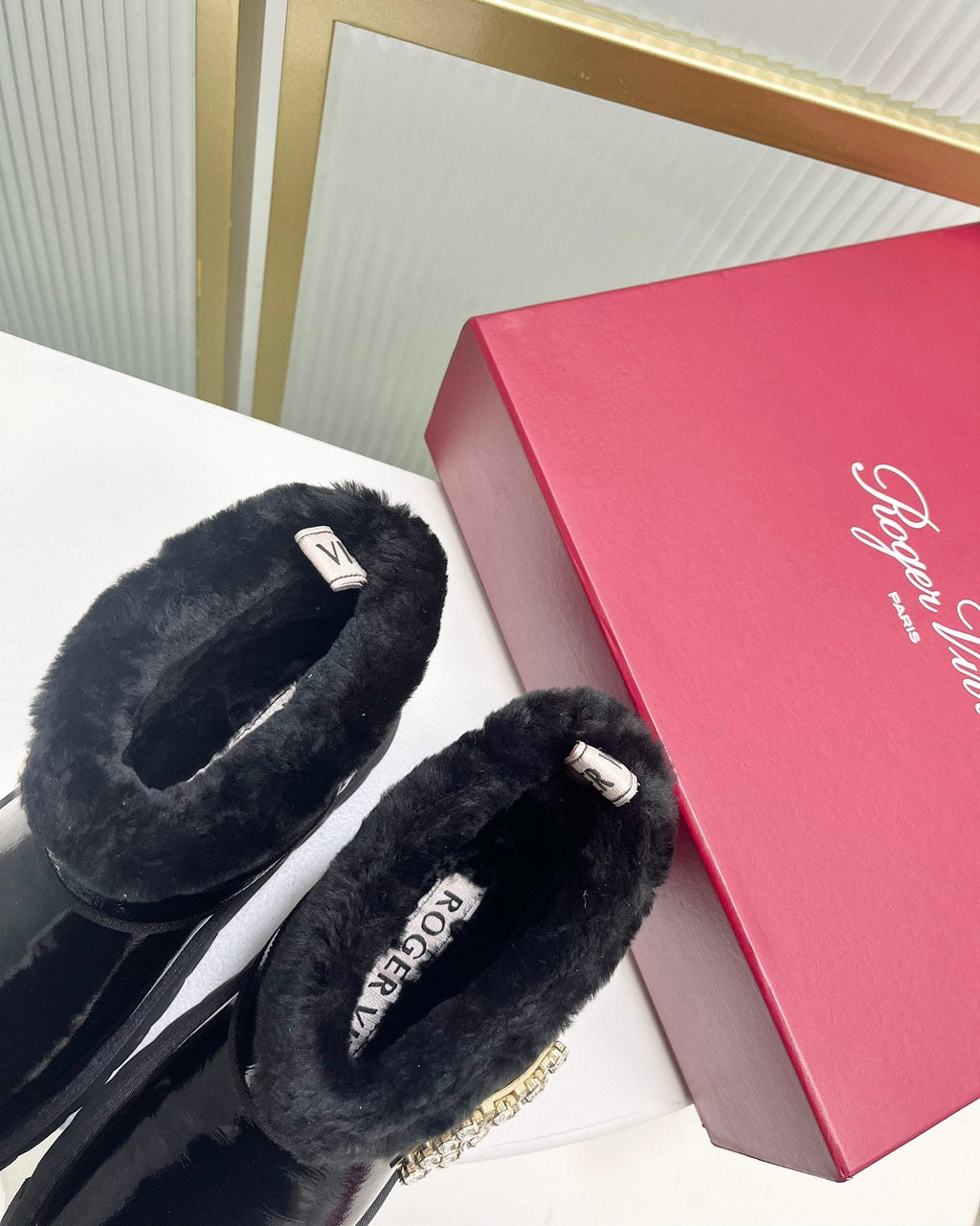 VIV’ WINTER FUR STRASS BUCKLE ANKLE BOOTS IN BLACK PATENT CALFSKIN