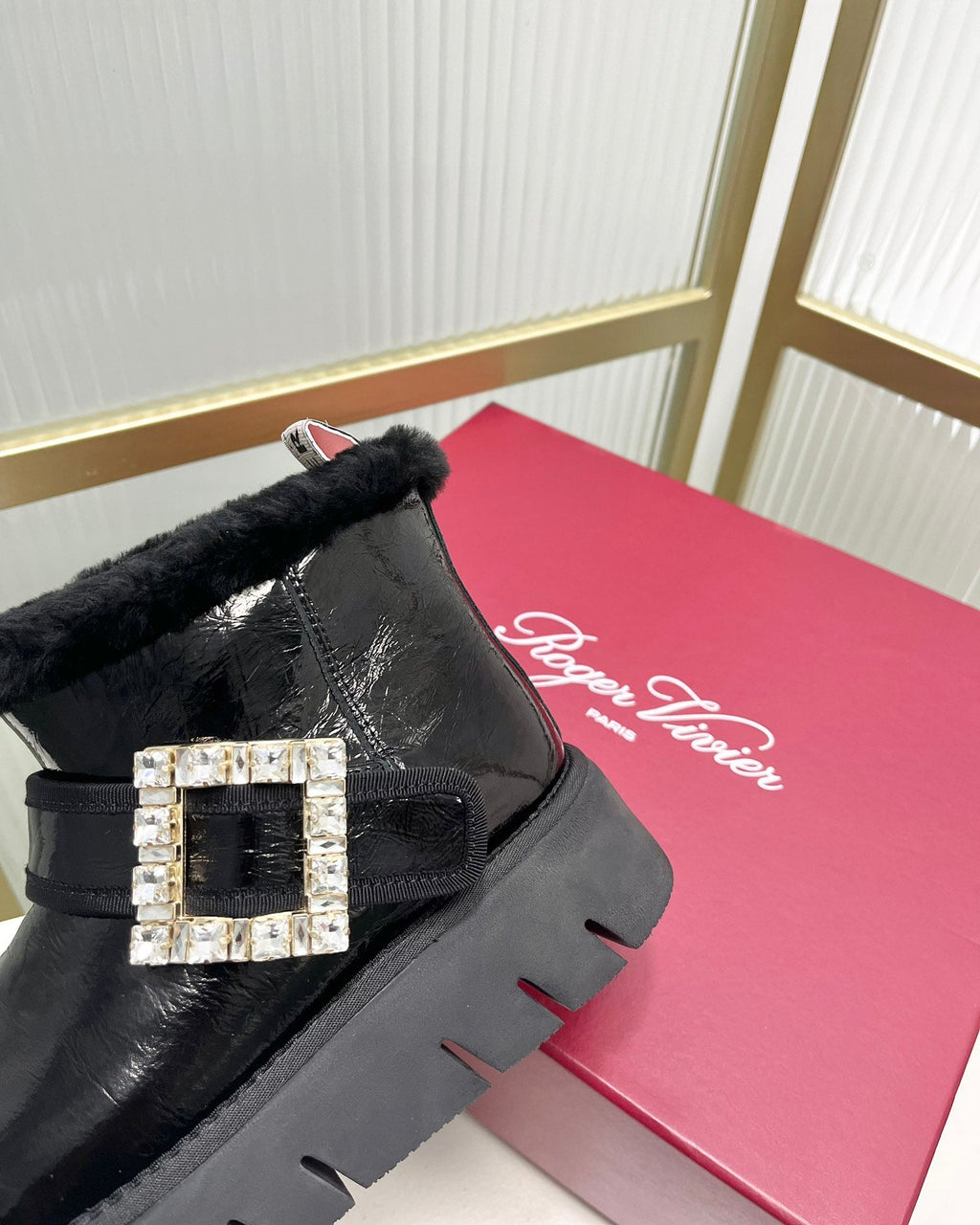 VIV’ WINTER FUR STRASS BUCKLE ANKLE BOOTS IN BLACK PATENT CALFSKIN