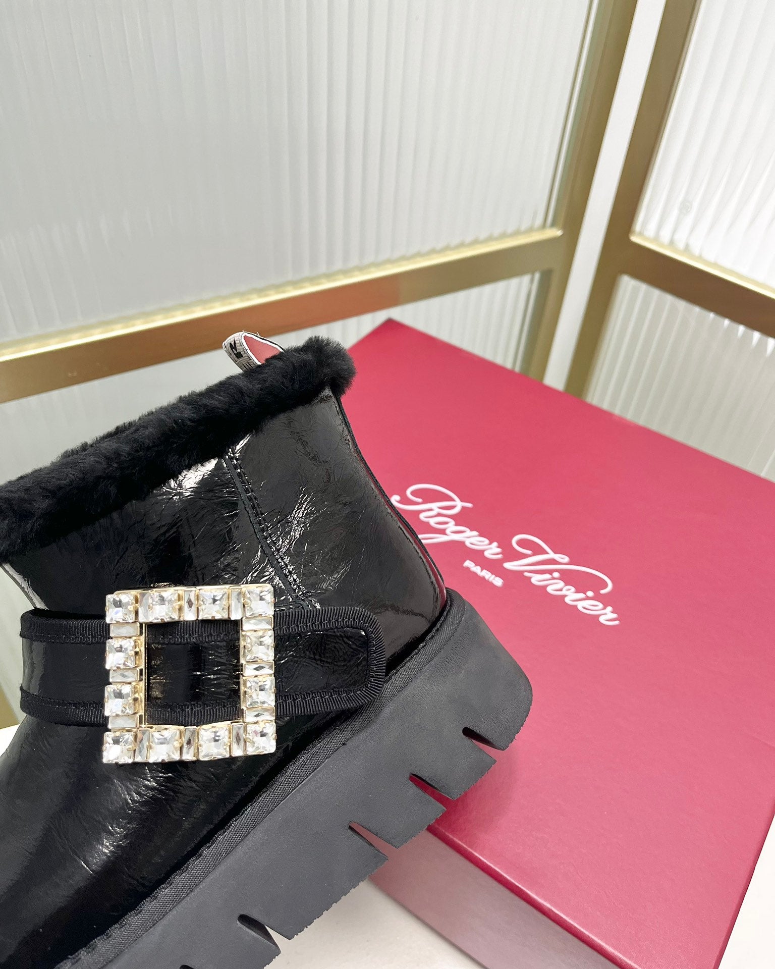 VIV’ WINTER FUR STRASS BUCKLE ANKLE BOOTS IN BLACK PATENT CALFSKIN