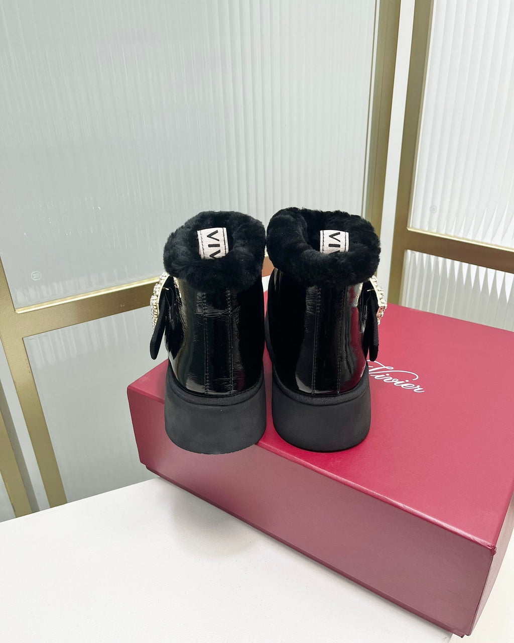 VIV’ WINTER FUR STRASS BUCKLE ANKLE BOOTS IN BLACK PATENT CALFSKIN