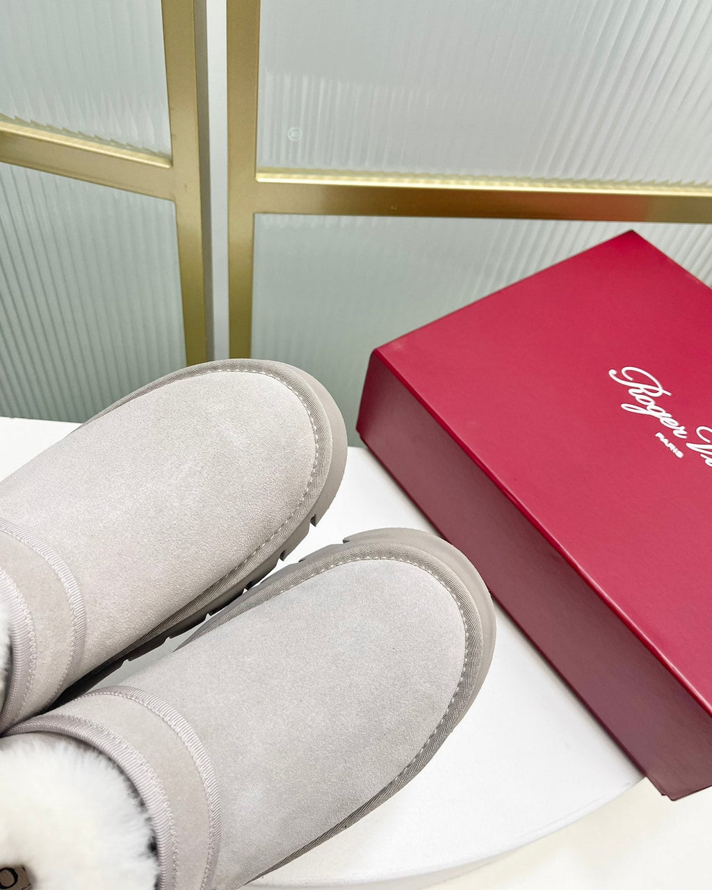 VIV’ WINTER FUR STRASS BUCKLE ANKLE BOOTS IN LIGHT GREY SUEDE