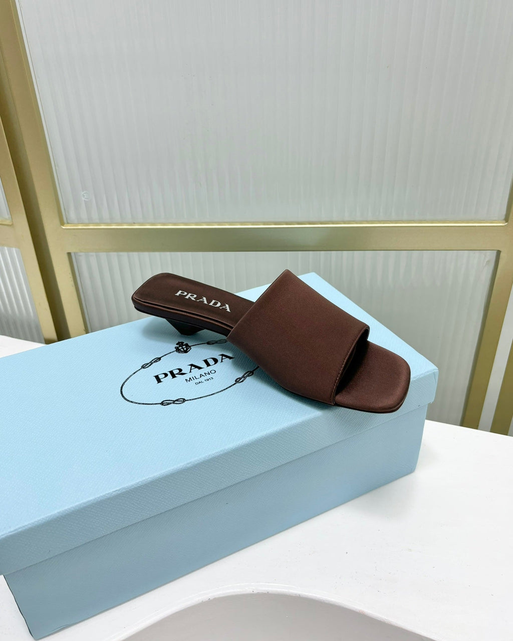 PRA TRIANGLE HEEL SATIN SLIPPERS BROWN