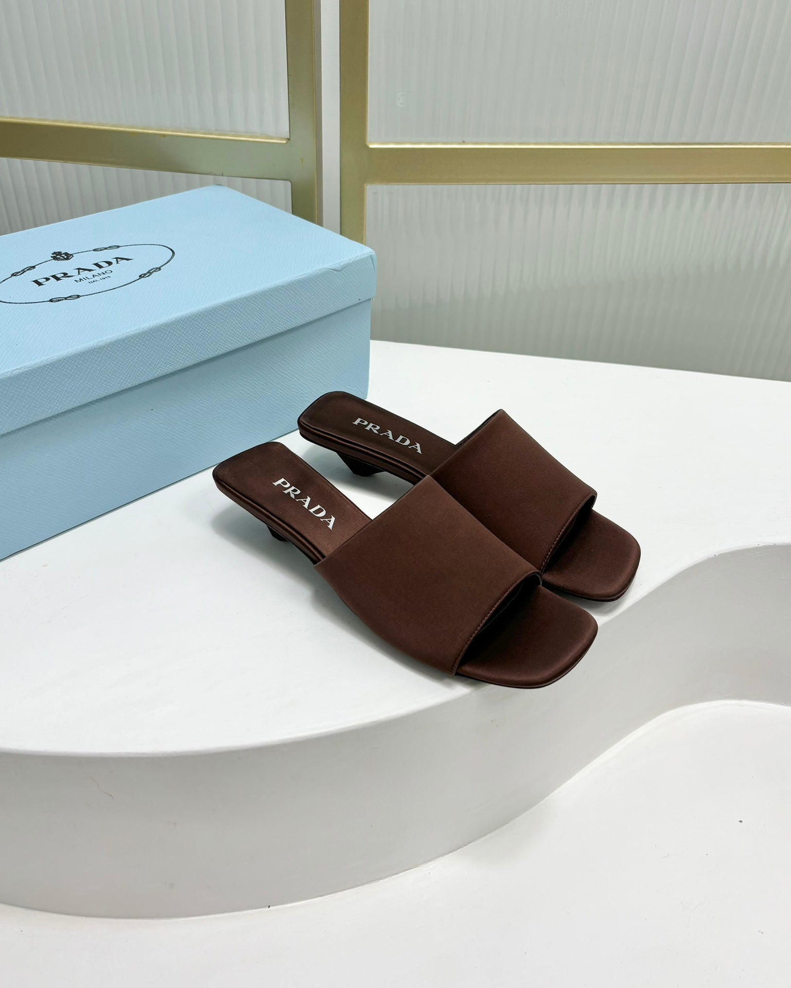 PRA TRIANGLE HEEL SATIN SLIPPERS BROWN