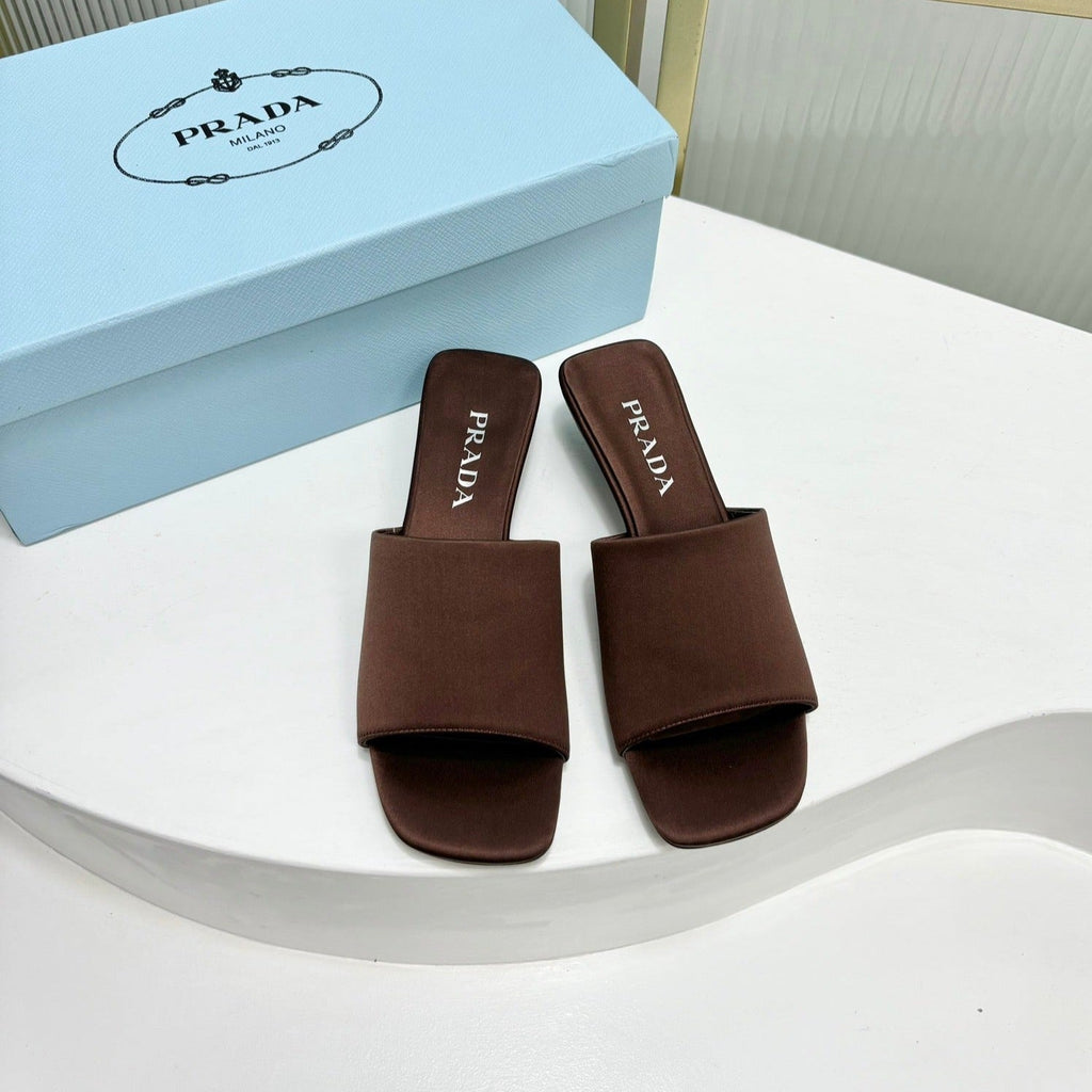 PRA TRIANGLE HEEL SATIN SLIPPERS BROWN