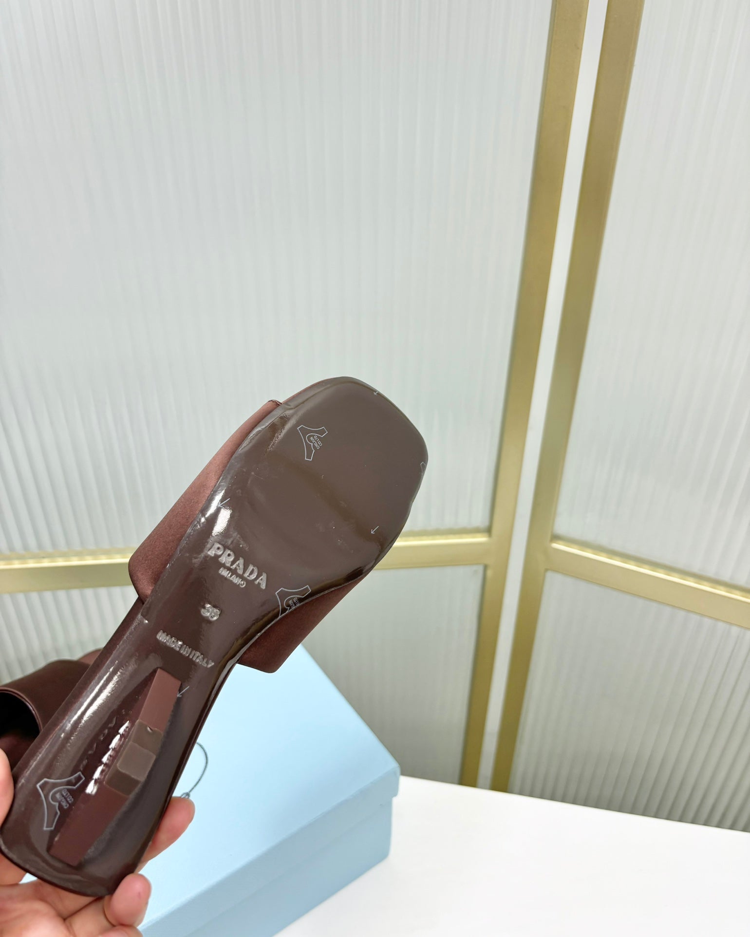 PRA TRIANGLE HEEL SATIN SLIPPERS BROWN