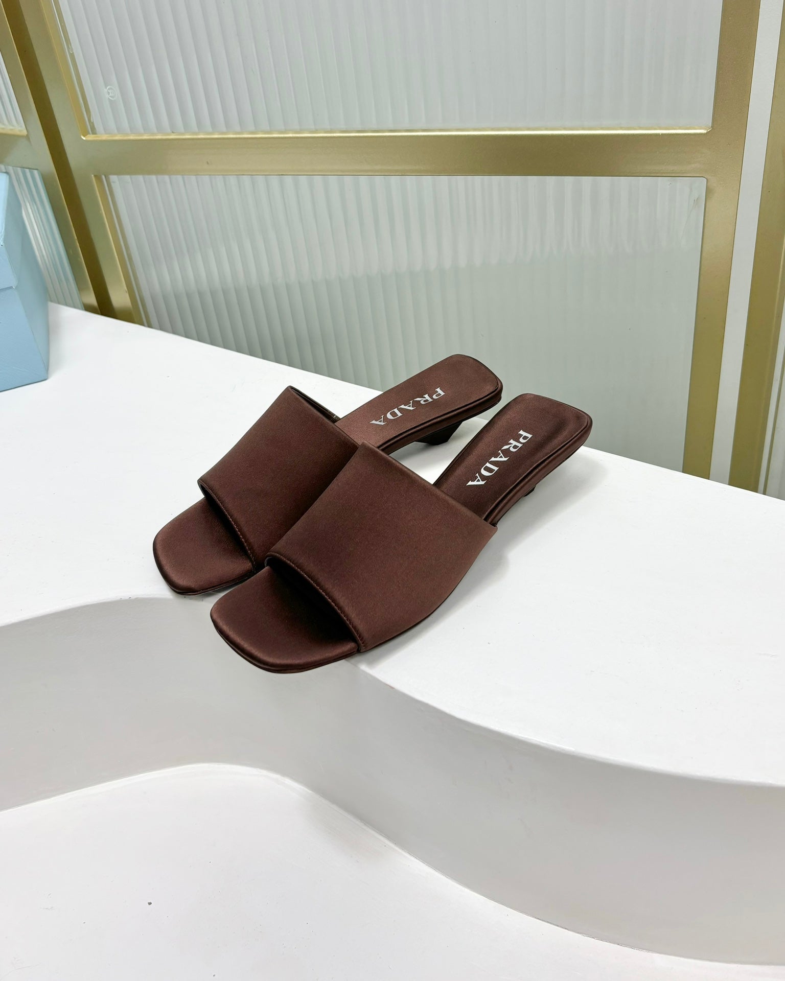 PRA TRIANGLE HEEL SATIN SLIPPERS BROWN