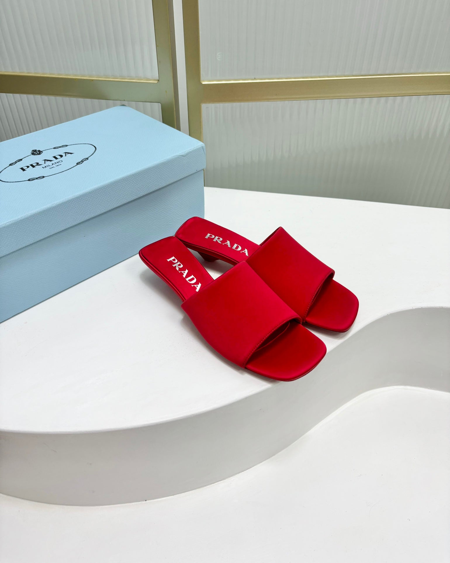 PRA TRIANGLE HEEL SATIN SLIPPERS CRIMSON