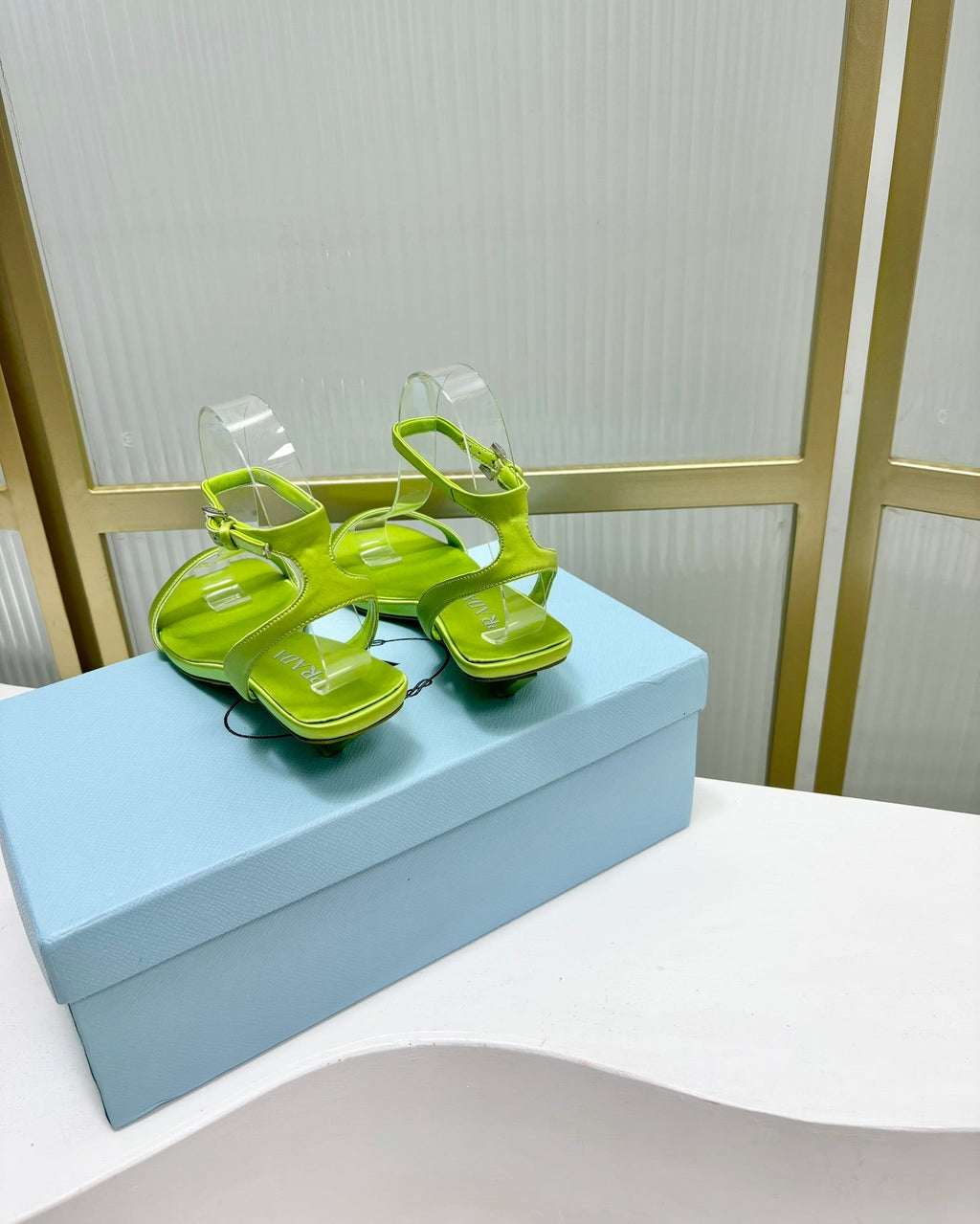 PRA TRIANGLE HEEL SATIN SANDALS CHARTREUSE