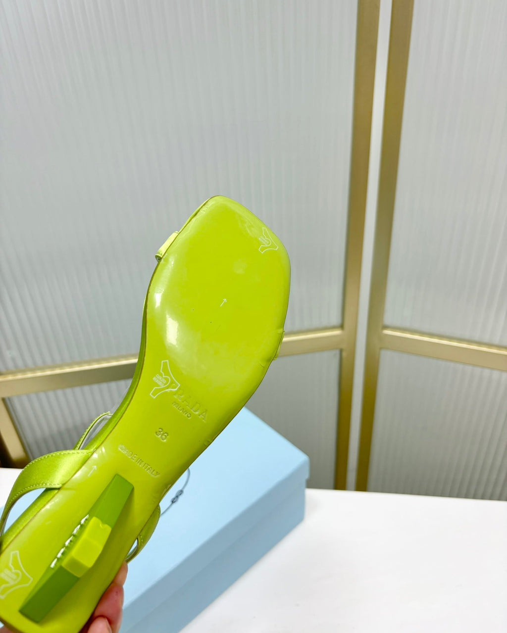 PRA TRIANGLE HEEL SATIN SANDALS CHARTREUSE