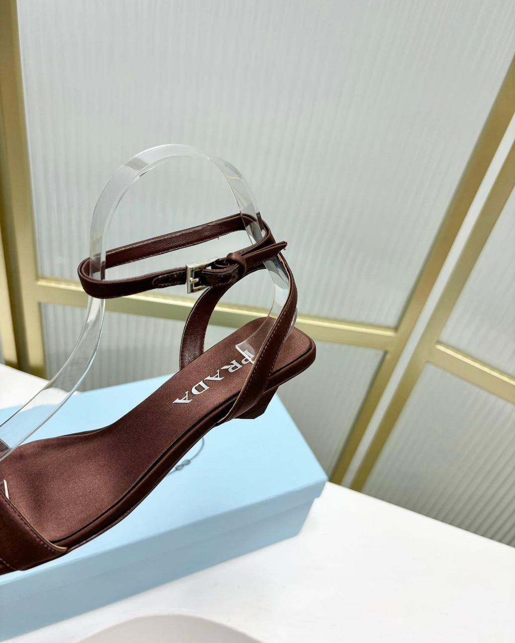 PRA TRIANGLE HEEL SATIN SANDALS BROWN