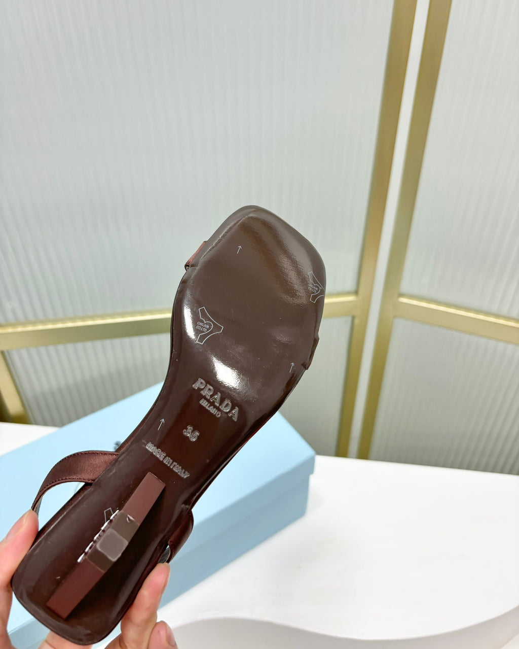 PRA TRIANGLE HEEL SATIN SANDALS BROWN