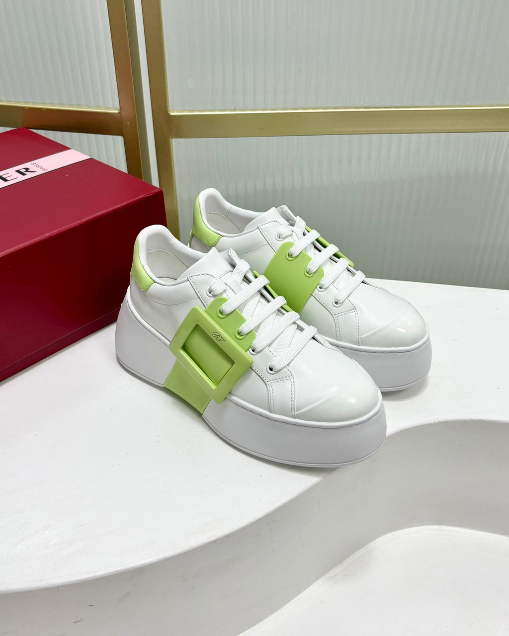 VIV' SKATE SNEAKERS IN WHITE CALFSKIN LIGHT NEON GREEN GLITTER STRAP AND CRYSTAL BUCKLE
