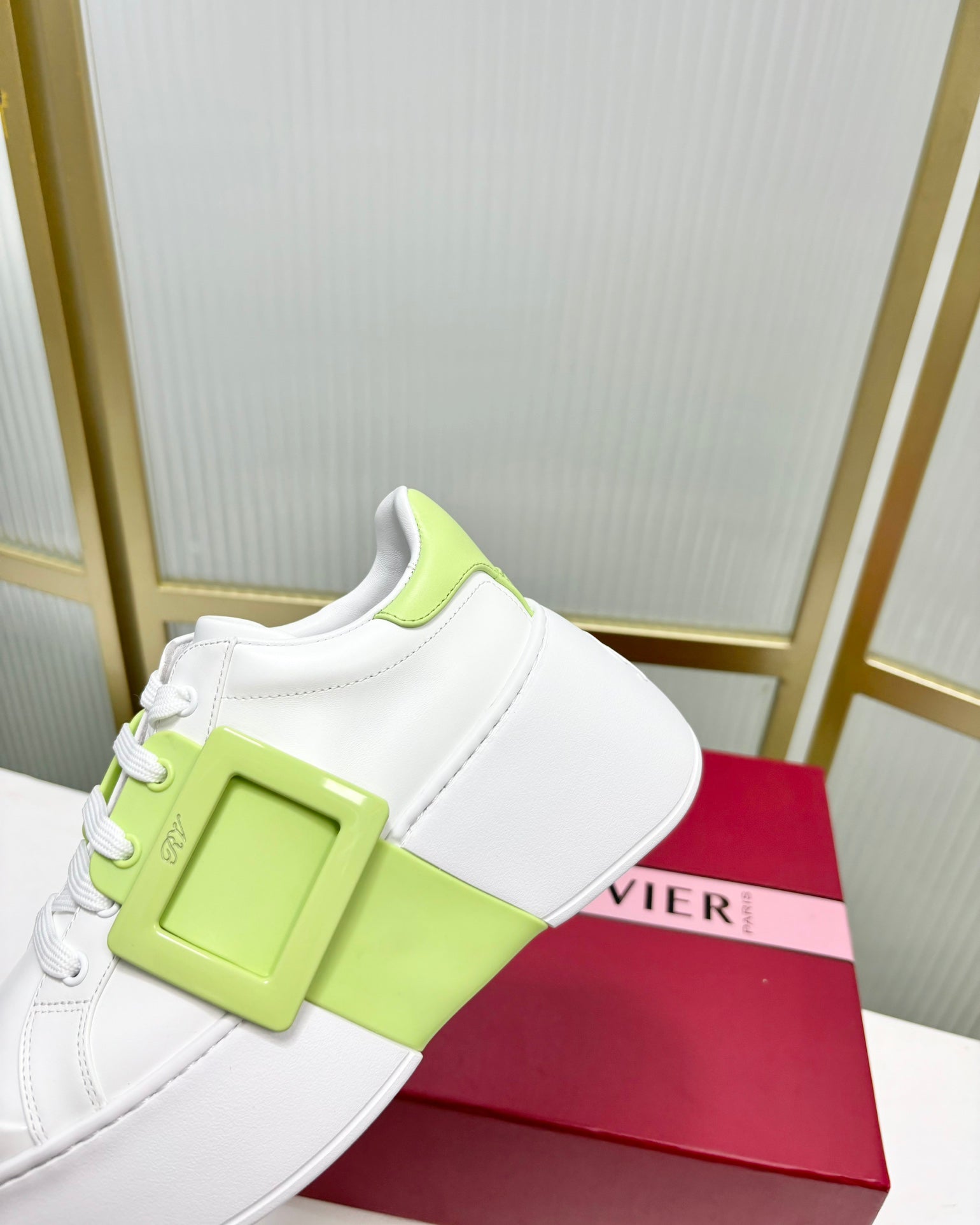VIV' SKATE SNEAKERS IN WHITE CALFSKIN LIGHT NEON GREEN GLITTER STRAP AND CRYSTAL BUCKLE