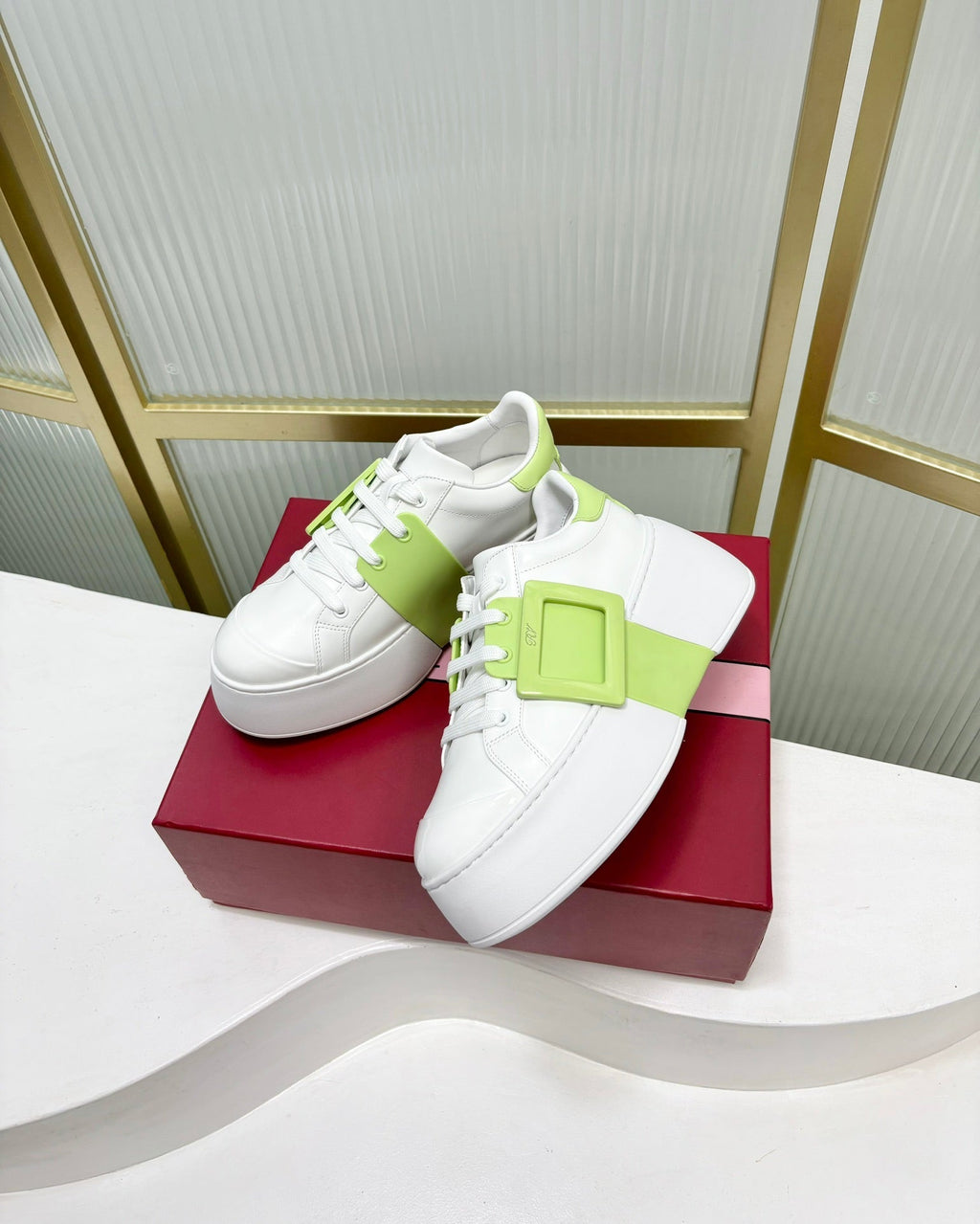 VIV' SKATE SNEAKERS IN WHITE CALFSKIN LIGHT NEON GREEN GLITTER STRAP AND CRYSTAL BUCKLE