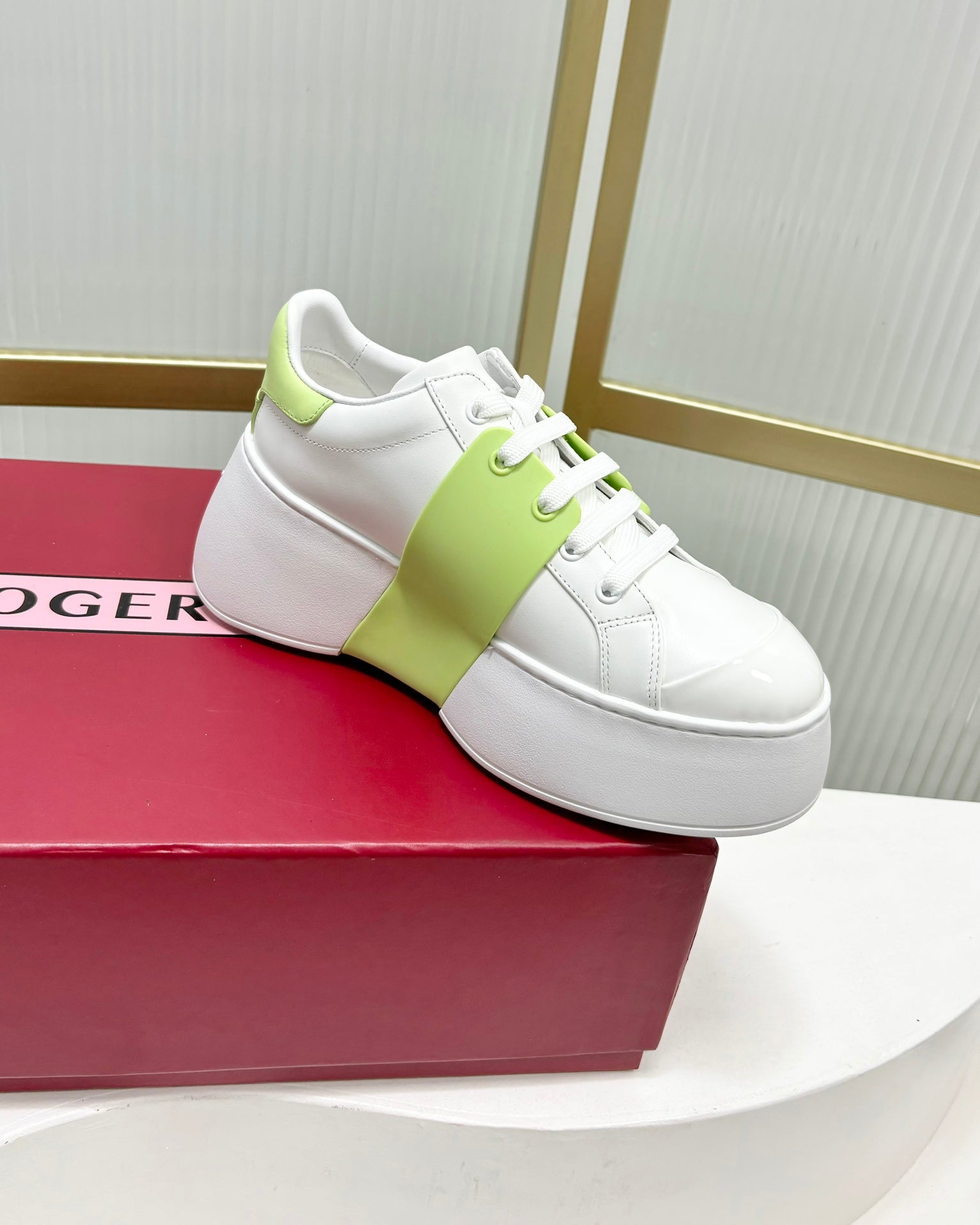 VIV' SKATE SNEAKERS IN WHITE CALFSKIN LIGHT NEON GREEN GLITTER STRAP AND CRYSTAL BUCKLE