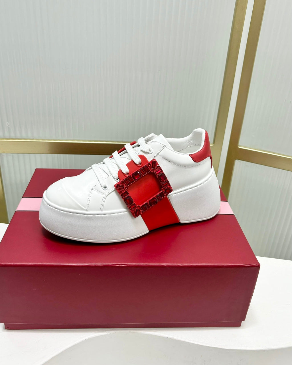 VIV' SKATE SNEAKERS IN WHITE CALFSKIN RED GLITTER STRAP AND CRYSTAL BUCKLE