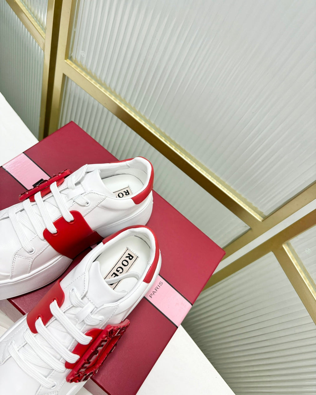 VIV' SKATE SNEAKERS IN WHITE CALFSKIN RED GLITTER STRAP AND CRYSTAL BUCKLE