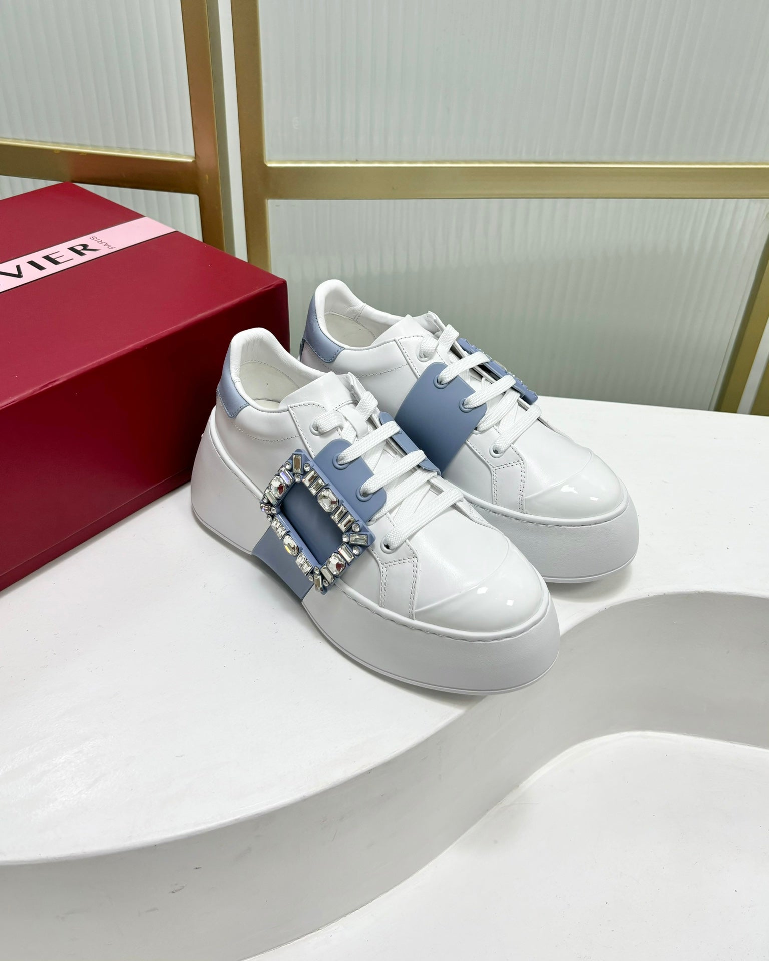 VIV' SKATE SNEAKERS IN WHITE CALFSKIN LIGHT BLUE GLITTER STRAP AND CRYSTAL BUCKLE