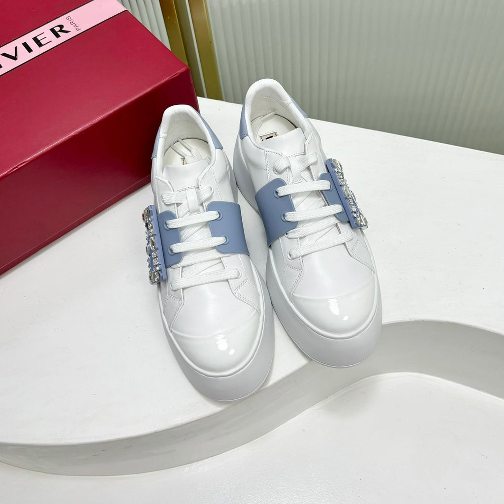 VIV' SKATE SNEAKERS IN WHITE CALFSKIN LIGHT BLUE GLITTER STRAP AND CRYSTAL BUCKLE