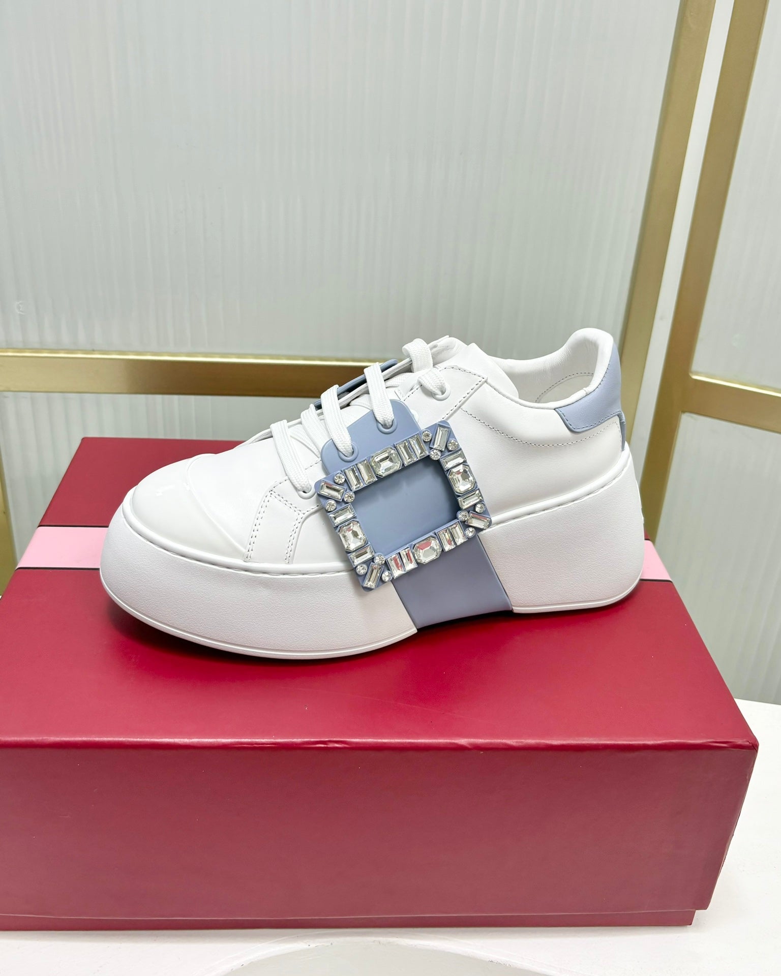 VIV' SKATE SNEAKERS IN WHITE CALFSKIN LIGHT BLUE GLITTER STRAP AND CRYSTAL BUCKLE