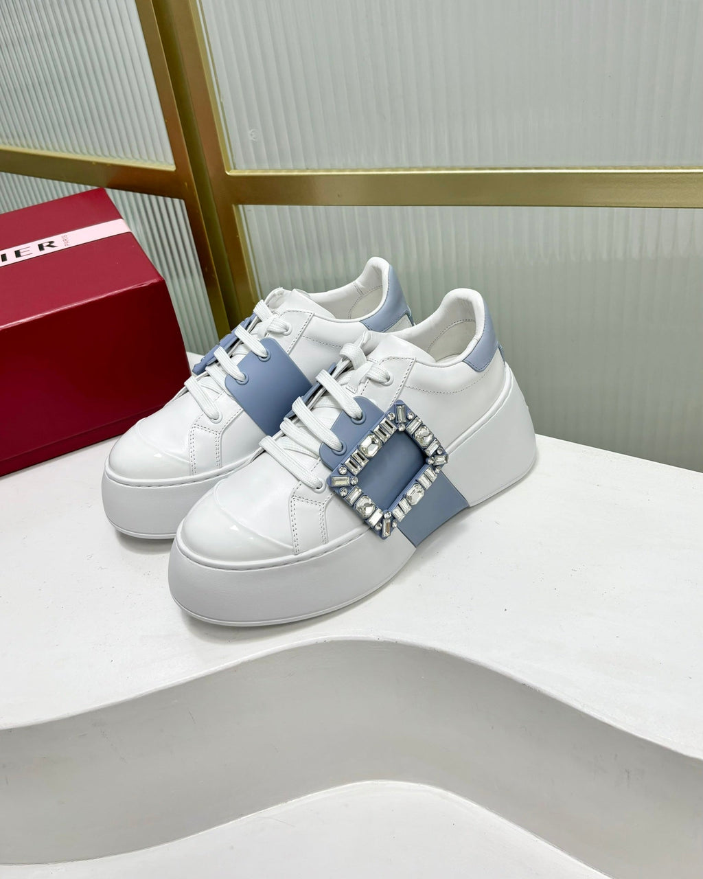 VIV' SKATE SNEAKERS IN WHITE CALFSKIN LIGHT BLUE GLITTER STRAP AND CRYSTAL BUCKLE