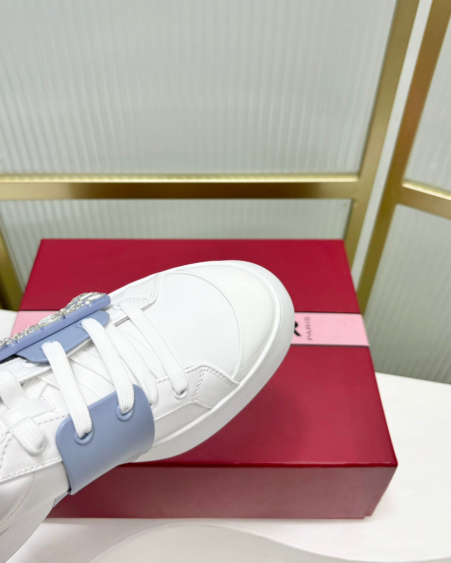 VIV' SKATE SNEAKERS IN WHITE CALFSKIN LIGHT BLUE GLITTER STRAP AND CRYSTAL BUCKLE