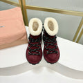 LACE-UP ANKLE BOOTS IN BERRY RED SUEDE AND FLEECE LINING