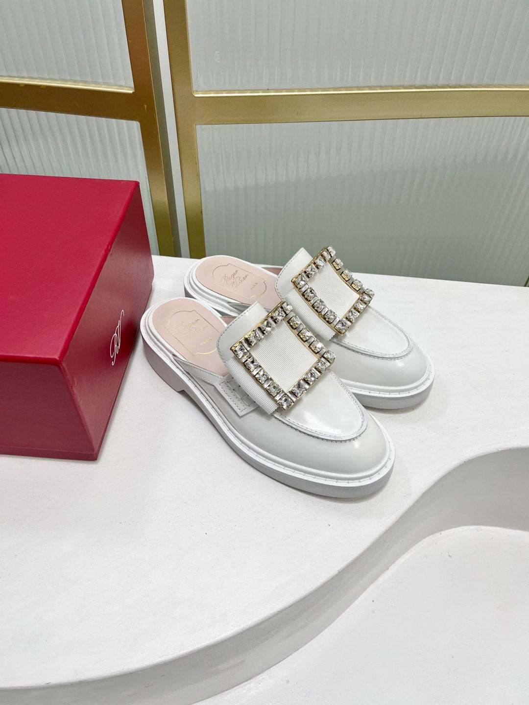 VIV' RANGERS MULES IN WHITE CALFSKIN CRYSTAL BUCKLE