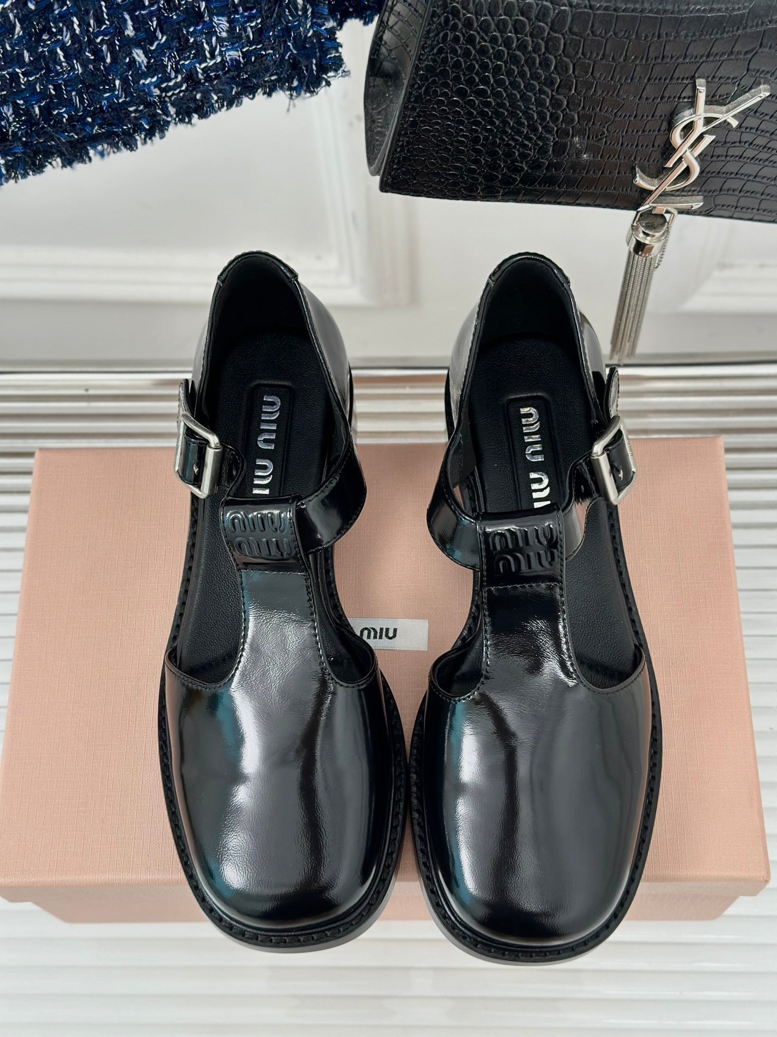 Square Toe Thick Heel Retro Mary Jane Shoes Black Calfskin