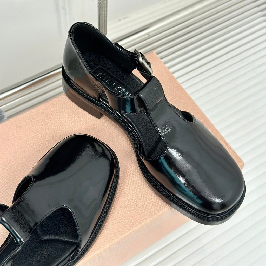 Square Toe Thick Heel Retro Mary Jane Shoes Black Calfskin