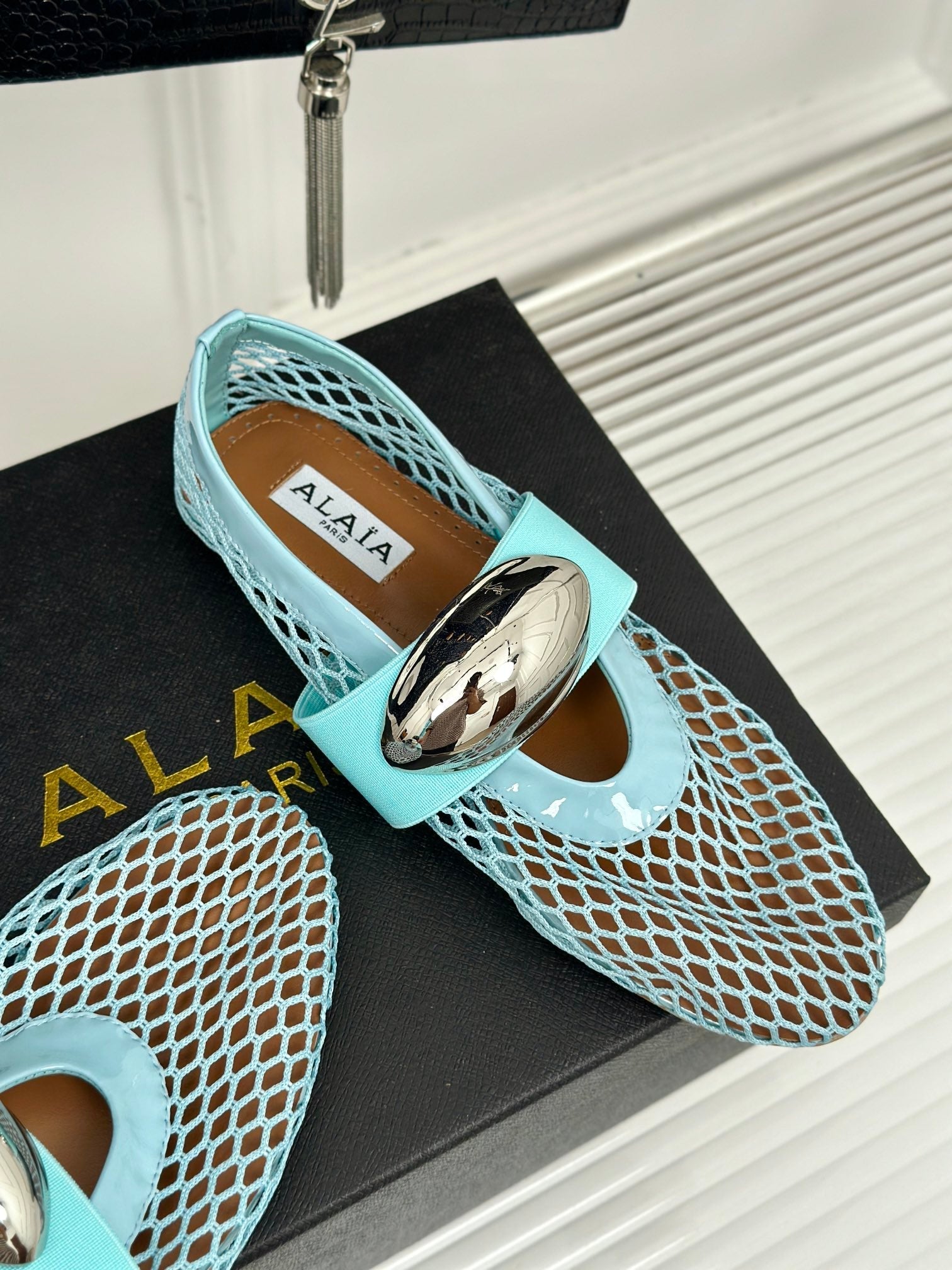 ALAIA MARY JANE SHOES IN SKY BLUE MESH WITH SILVER HARDWARE