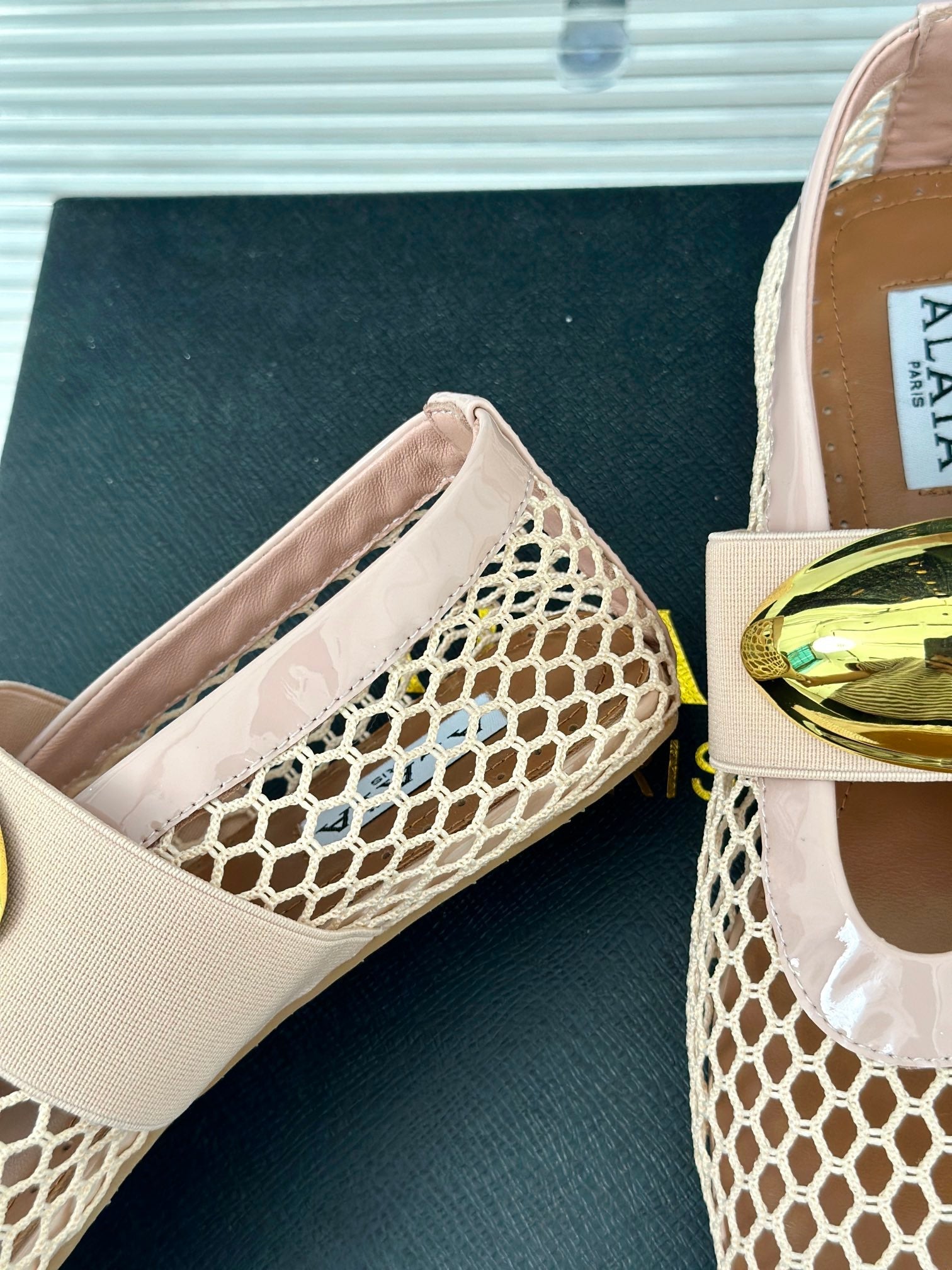 ALAIA MARY JANE SHOES IN BEIGE MESH WITH GOLD HARDWARE