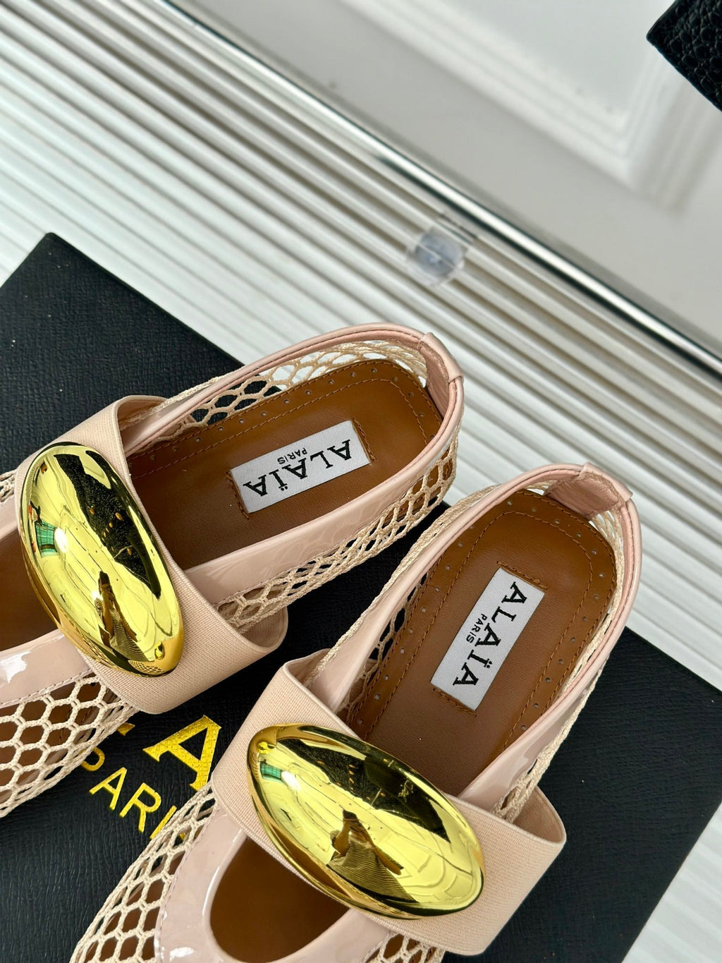 ALAIA MARY JANE SHOES IN BEIGE MESH WITH GOLD HARDWARE