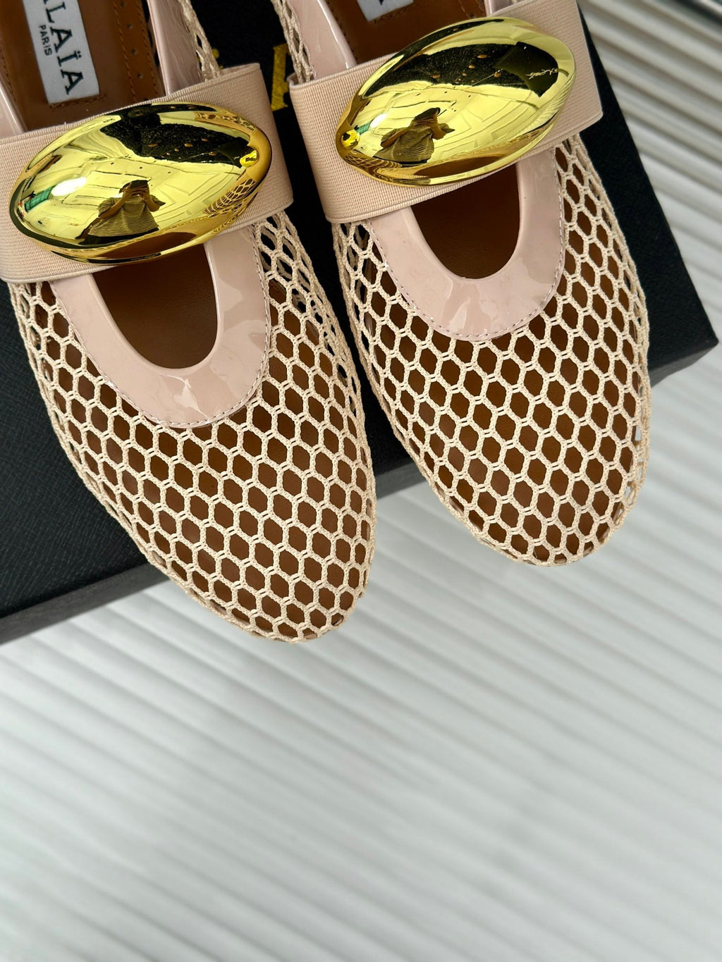 ALAIA MARY JANE SHOES IN BEIGE MESH WITH GOLD HARDWARE