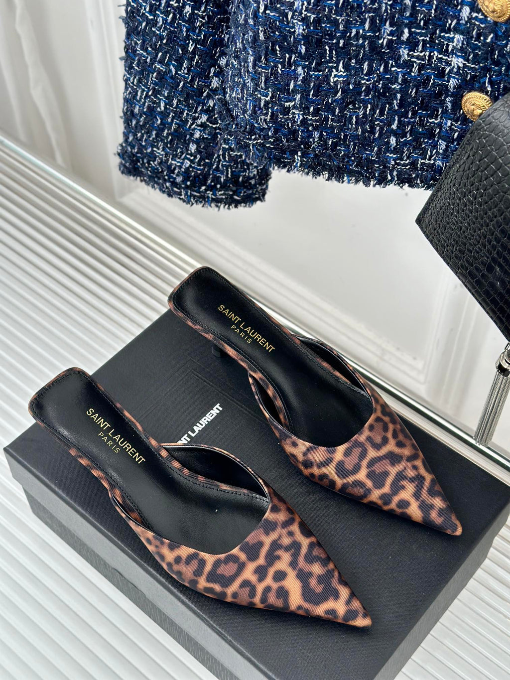 SL BARBARA MULES 55 LEOPARD MOTIF SATIN