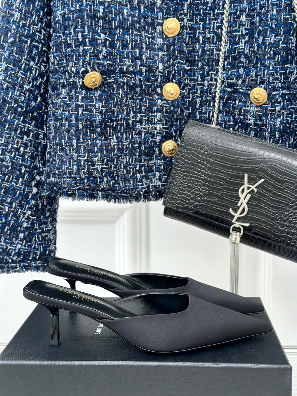 SL BARBARA MULES 55 BLACK SATIN CREPE